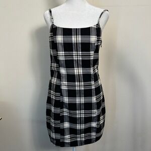 H&M Divided Plaid Mini Dress Black White 90s Grunge Size M